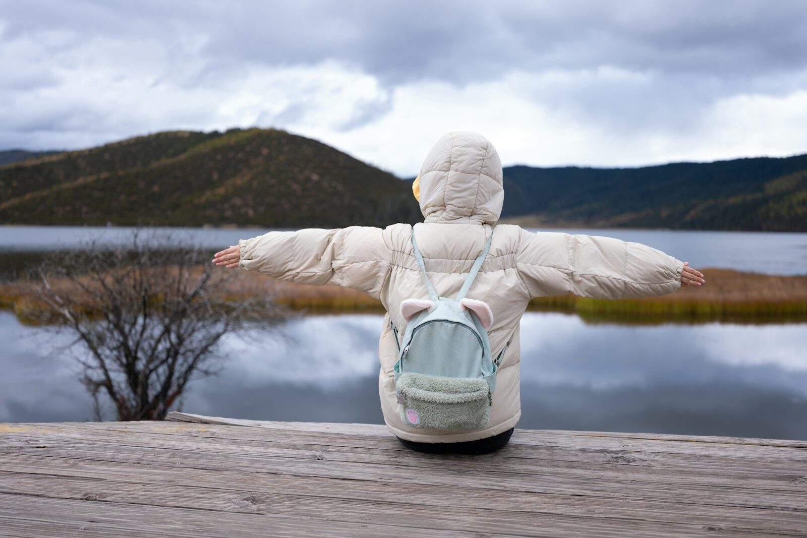 a person sitting on a dock with their arms outstretched